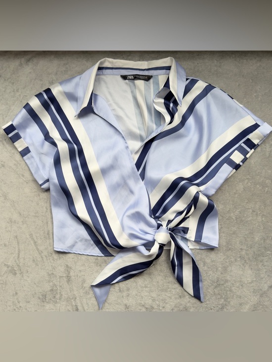 ZARA Blue & White Striped Tie Front Blouse | Satin Silky Wrap Top | Coastal | XS - Picture 2 of 8